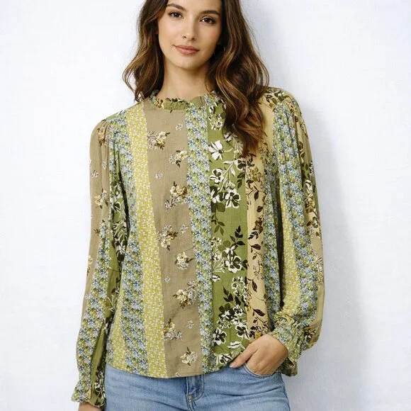 Love You Bunches Boho Floral Blouse Green Patchwork Print Button-Back Sz. Small - Picture 1 of 4